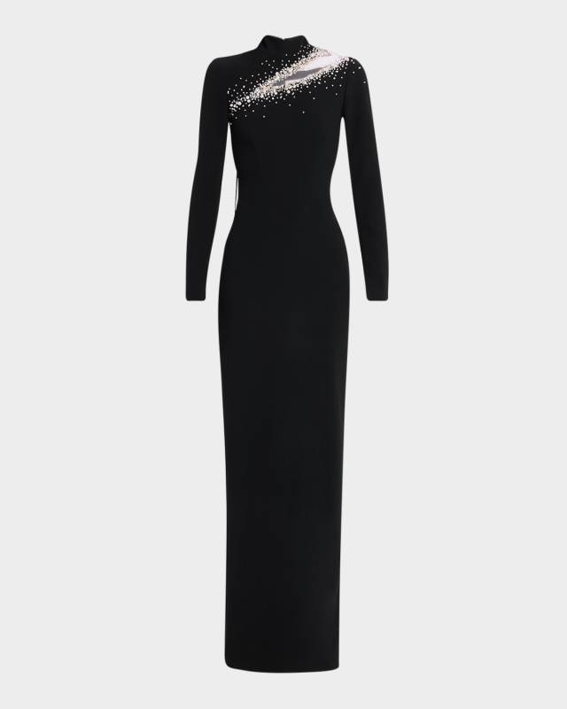 Beaded Cutout Long-Sleeve Black Crepe Gown